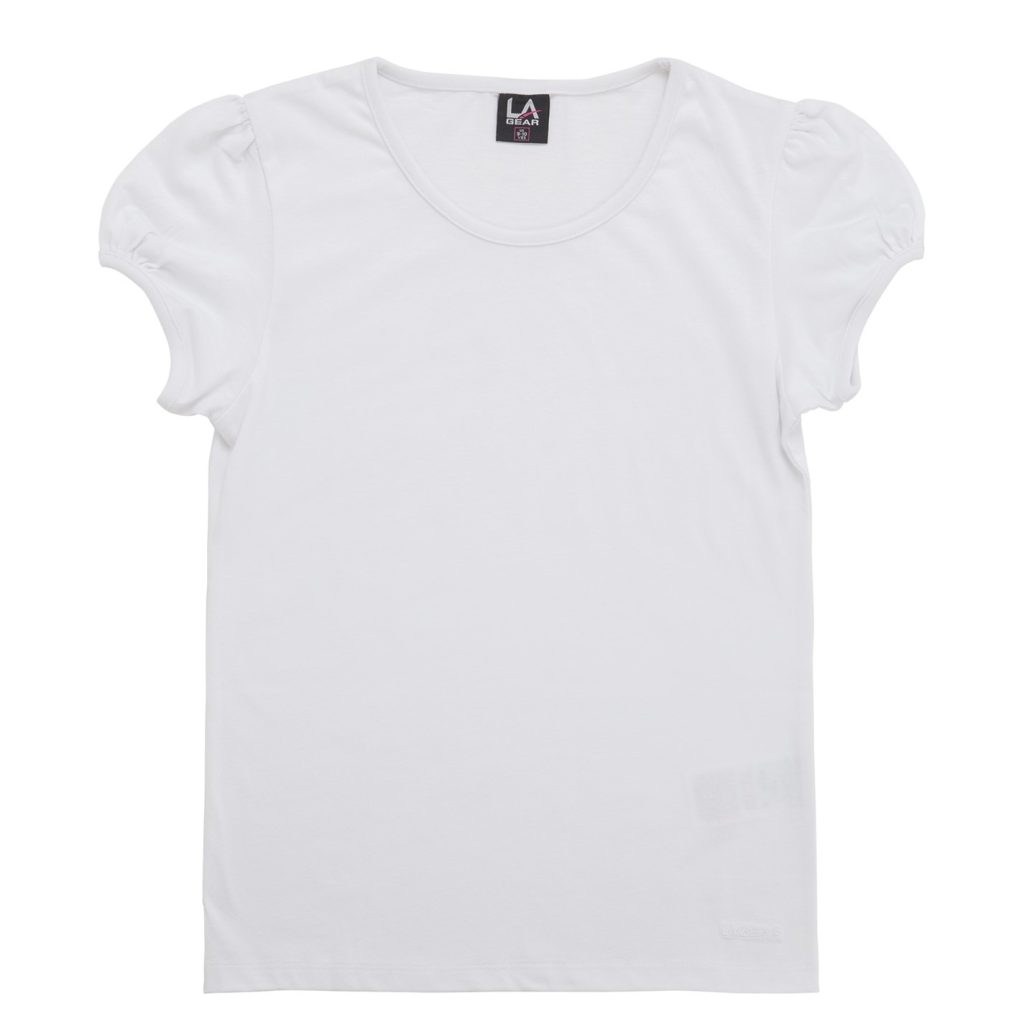 A white t-shirt is the central focus of this image, with a pink and black design in the center. The background is white, and the image is taken from a top-down perspective.