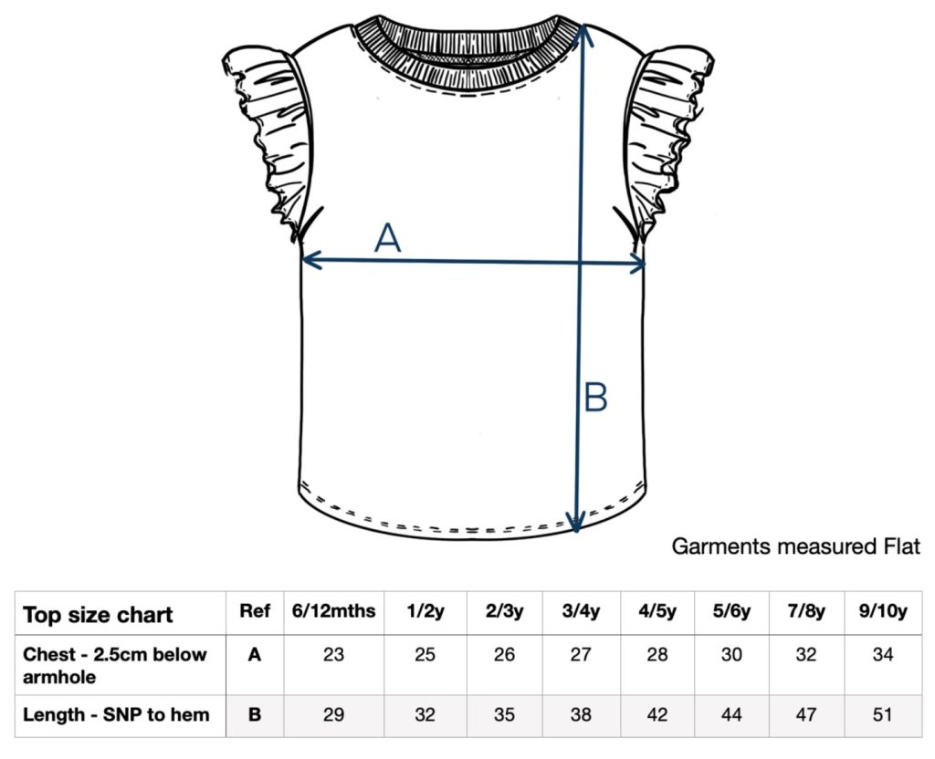 A white shirt is displayed in the image, featuring a design with frilly sleeves and a neckline. The shirt is accompanied by a chart that provides information about its size.