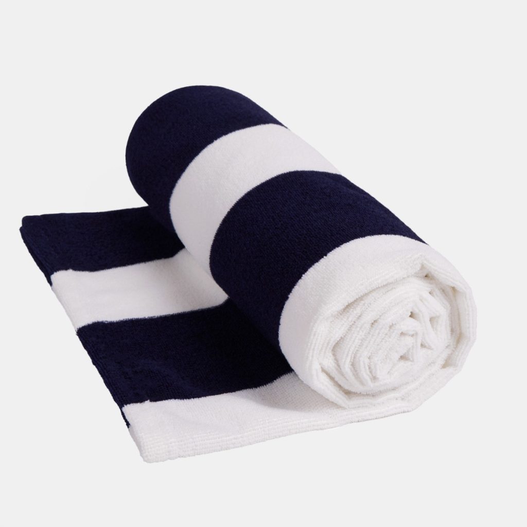 A blue and white towel is depicted in this image, with vertical stripes on the fabric. The towel is folded and placed on a white surface, which is also white in color.