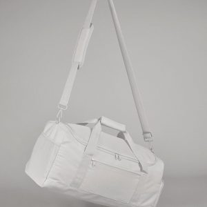 A white bag is depicted in this image, with a handle attached to it. The bag is hanging in the air, and the background is white.