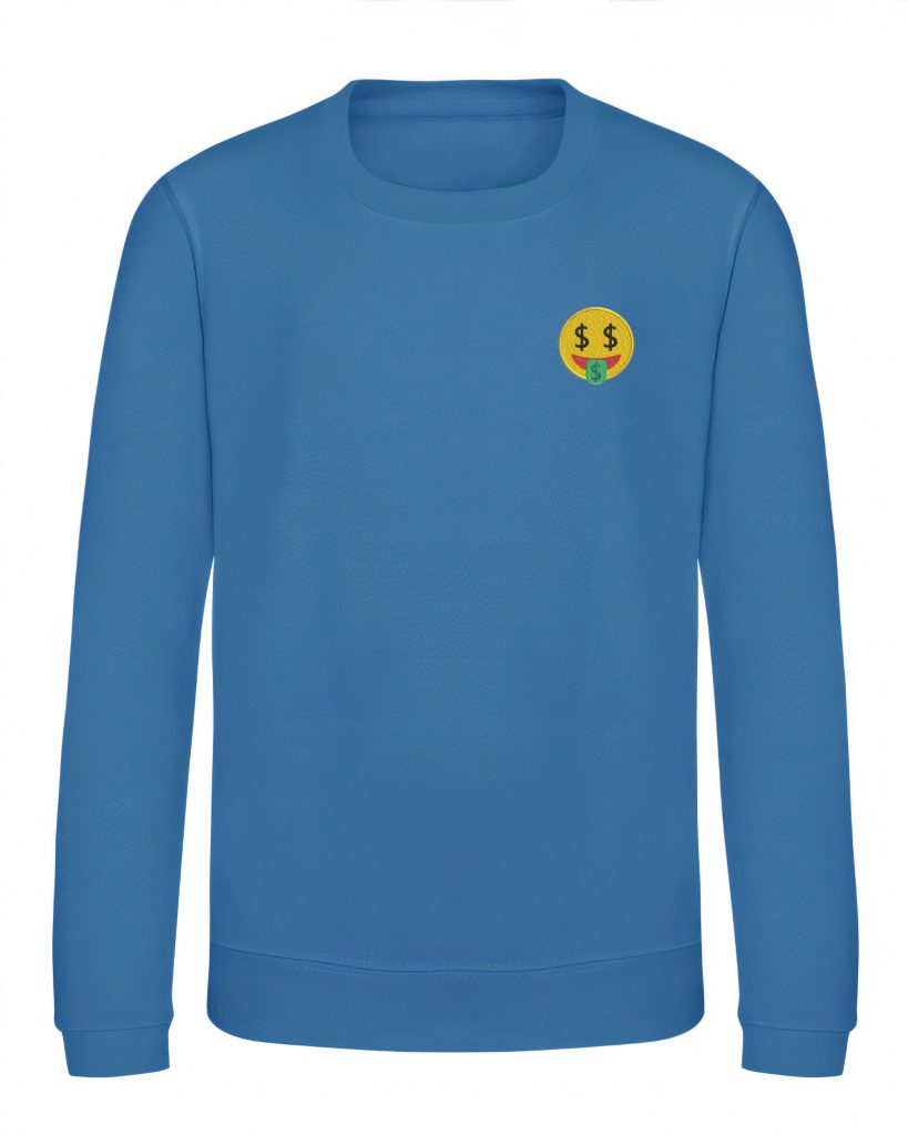 A blue sweatshirt is depicted in this image, featuring a smiley face and a dollar sign. The image is taken from a top-down perspective, with a person visible in the top left corner.