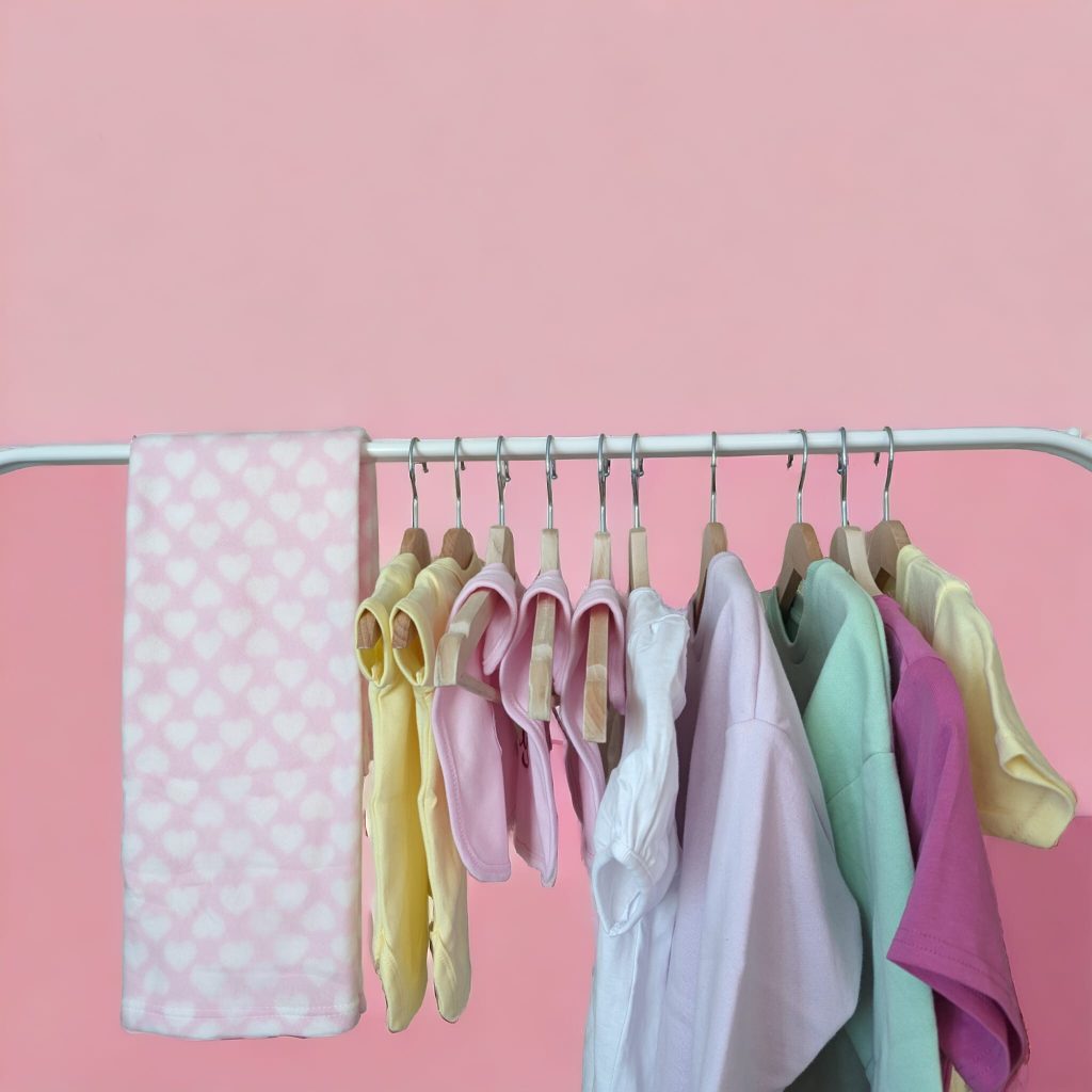 A pink blanket is displayed in the image, with a rack of clothes hanging above it. The clothes include a white t-shirt, a yellow t-shirt, and a pink cloth.