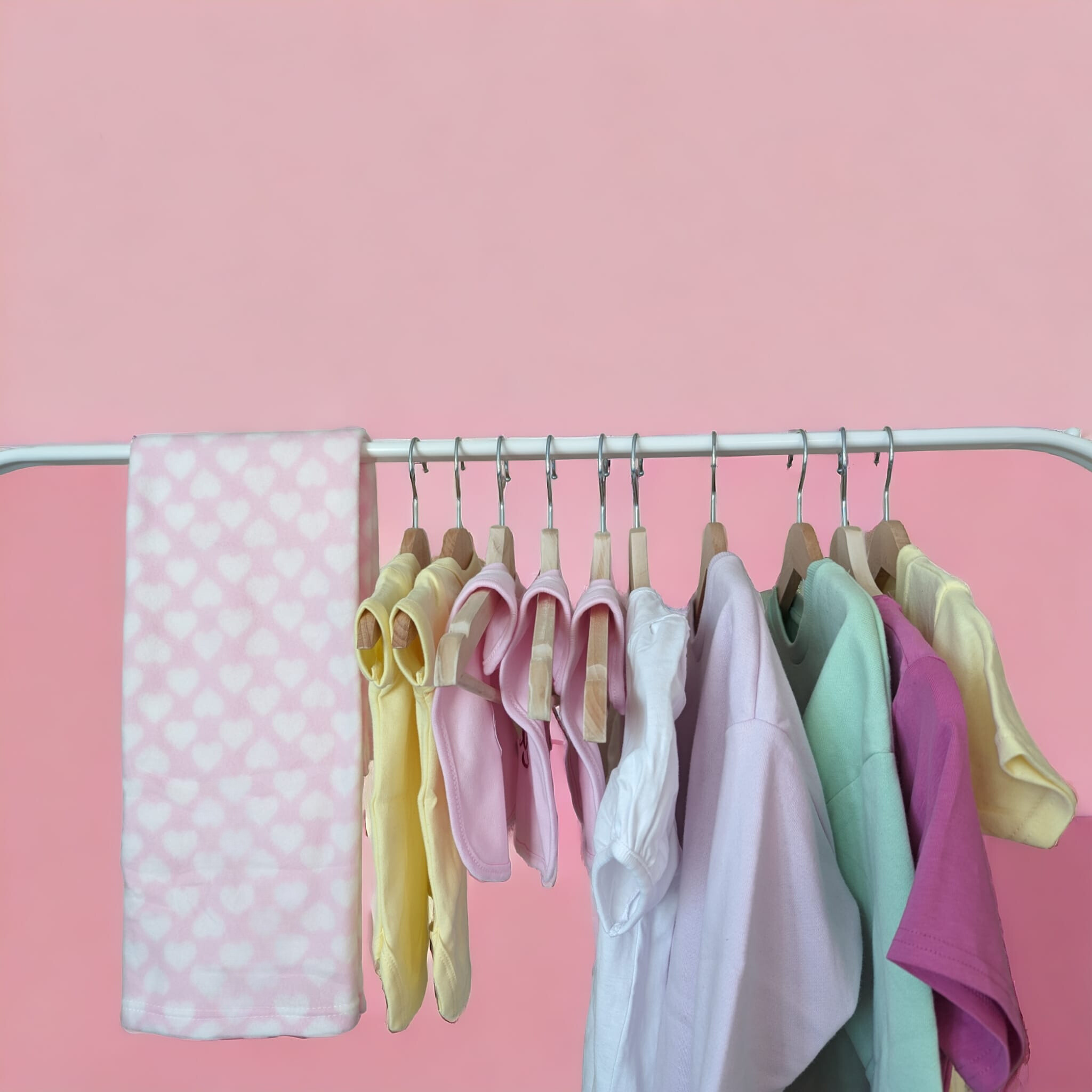 A pink blanket is displayed in the image, with a rack of clothes hanging above it. The clothes include a white t-shirt, a yellow t-shirt, and a pink cloth.