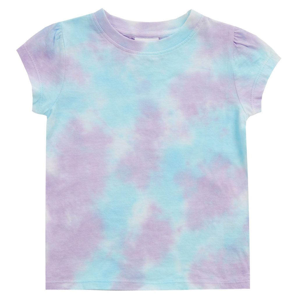 A child is depicted in this image, wearing a blue tie-dye t-shirt and a short sleeve raglan. The background is white.