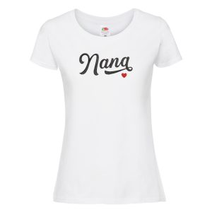 A white t-shirt is displayed in the image, featuring the name Nana written in black letters. The t-shirt is adorned with a red heart.