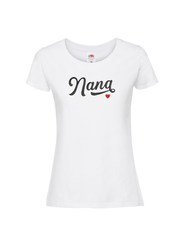A white t-shirt is displayed in the image, featuring the name Nana written in black letters. The t-shirt is adorned with a red heart.