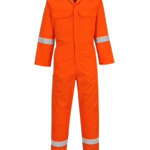 A person is depicted in this image, wearing an orange coverall. The background is white, and the image is in color.