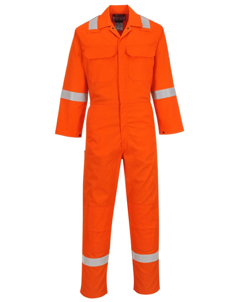 A person is depicted in this image, wearing an orange coverall. The background is white, and the image is in color.