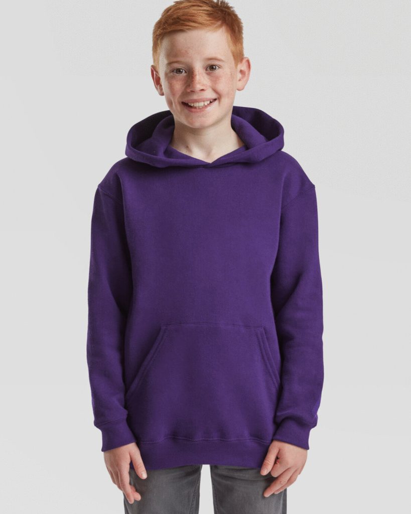 A boy is depicted in this image, wearing a purple hooded sweatshirt. The background is white, and the image is slightly blurry in the background.