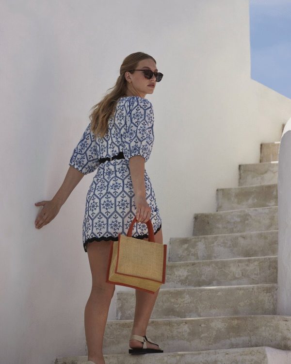 A woman is depicted in this image, holding a bag in her hand and walking on a staircase. The background features a wall, and the sky is visible at the top of the image.