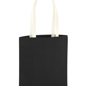 A black bag is depicted in this image, featuring a white handle. The bag is adorned with a white logo and a white logo is visible in the bottom right corner. The bag is placed on a white surface.