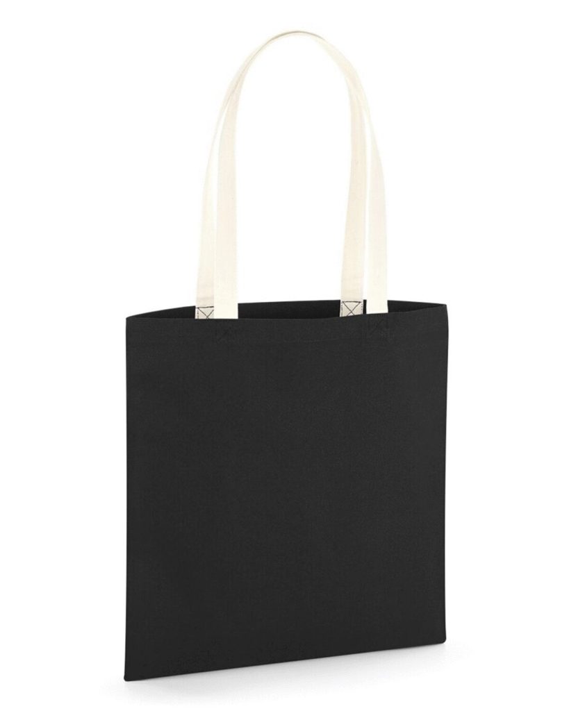 A black bag is depicted in this image, featuring a white handle. The bag is adorned with a white logo and a white logo is visible in the bottom right corner. The bag is placed on a white surface.