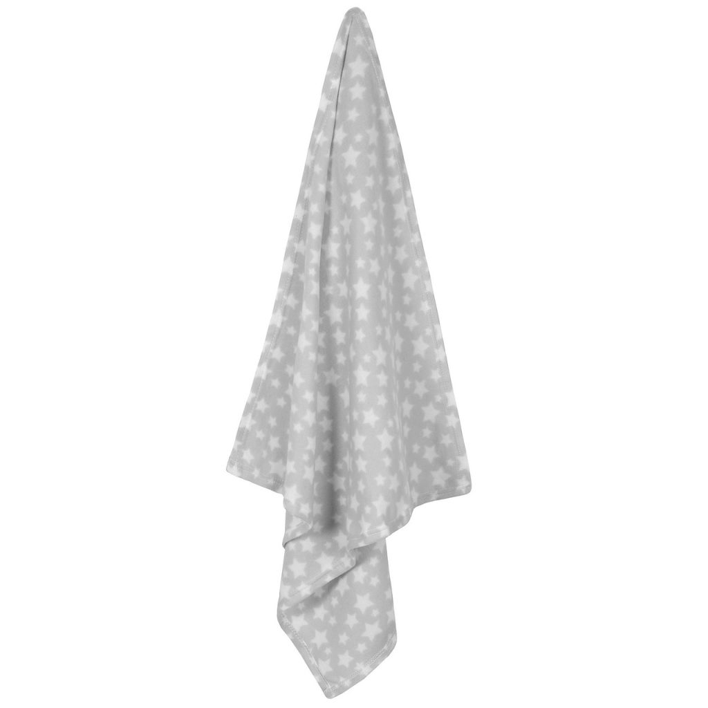 A white and grey blanket is depicted in this image, featuring a design of white stars. The blanket is draped over a hanger, and a photo of the blanket is also visible.