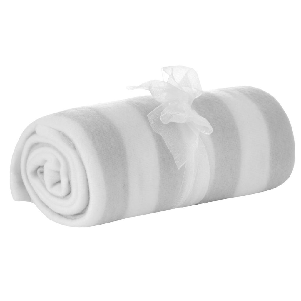 A white and grey blanket is depicted in this image, featuring a bow on top. The blanket is adorned with white and grey stripes, and a white ribbon is tied around it.