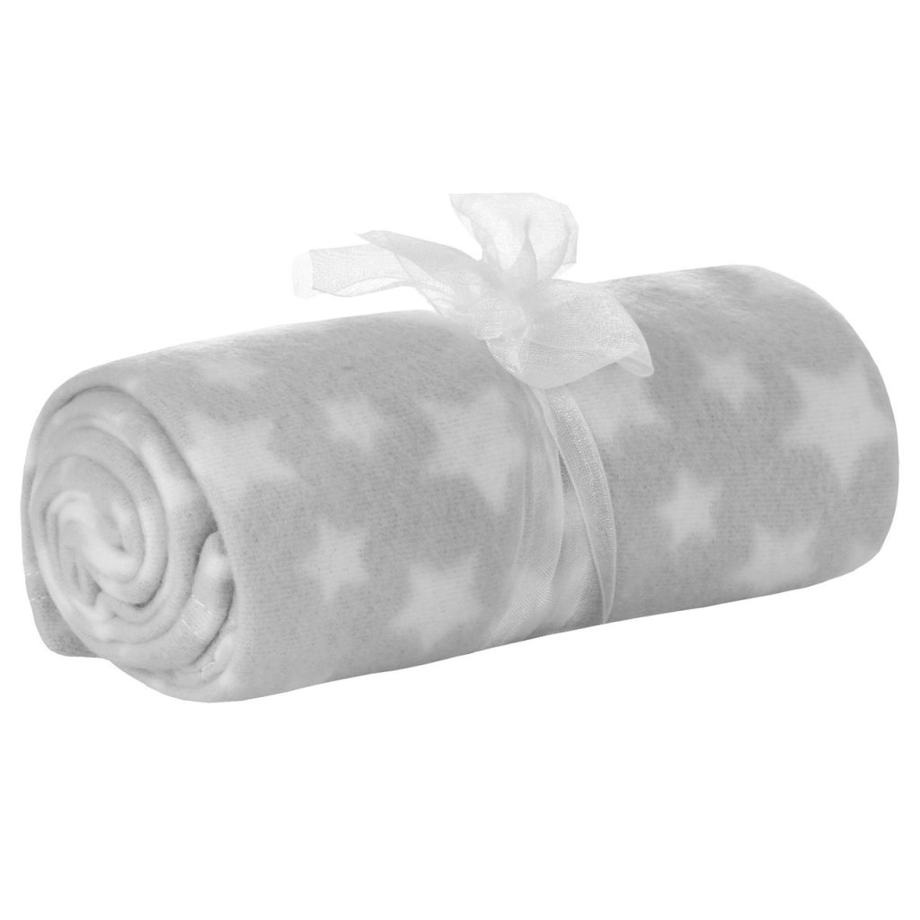 A white and grey blanket is depicted in this image, featuring a design of stars and stripes. A white ribbon is tied around the blanket, and it is placed on a white surface.