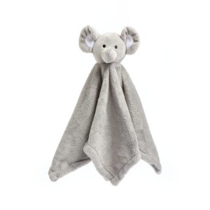 A grey elephant is the central focus of this image, with a white and black face. The background is white, and the image is taken from a top-down perspective.