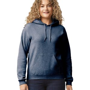 A woman is standing in the image, dressed in a blue hooded sweatshirt. The background is white.