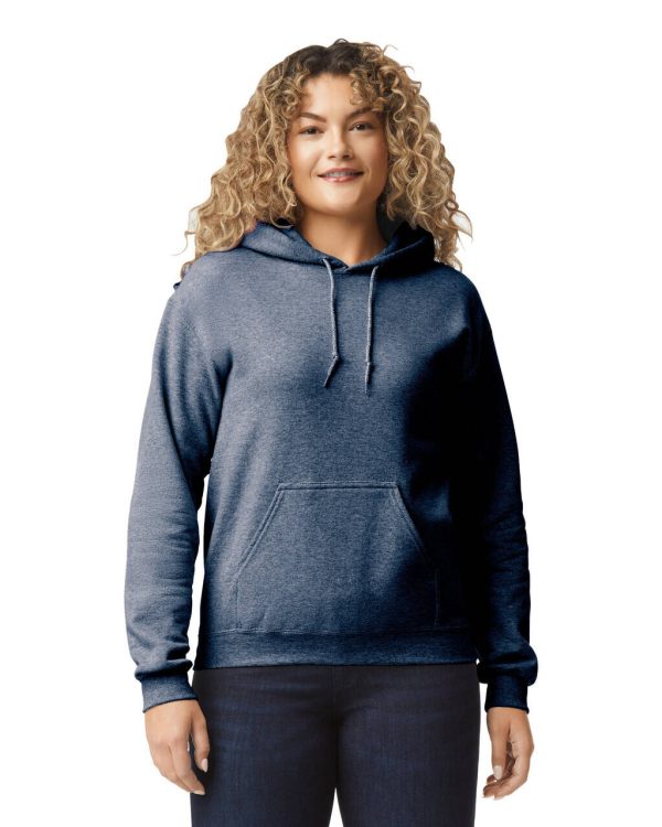 A woman is standing in the image, dressed in a blue hooded sweatshirt. The background is white.