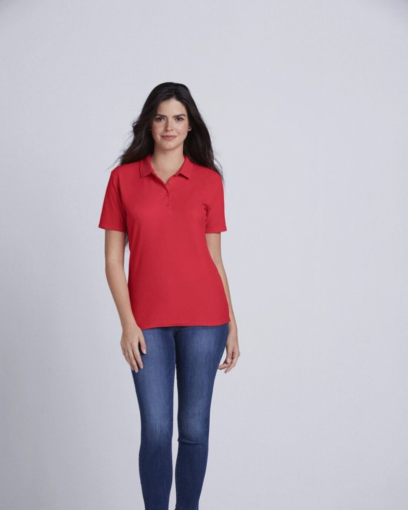 A woman is standing in the image, dressed in a red t-shirt and blue jeans. She is smiling and posing for the camera. The background is white.