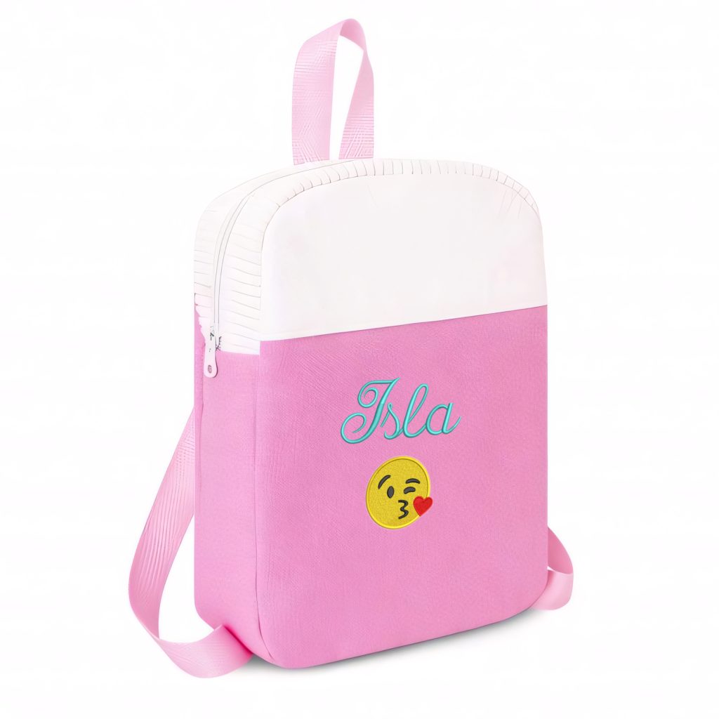 A pink bag is depicted in this image, featuring a pink and white color scheme. The bag contains a zipper and a logo, along with some text. The background is white.