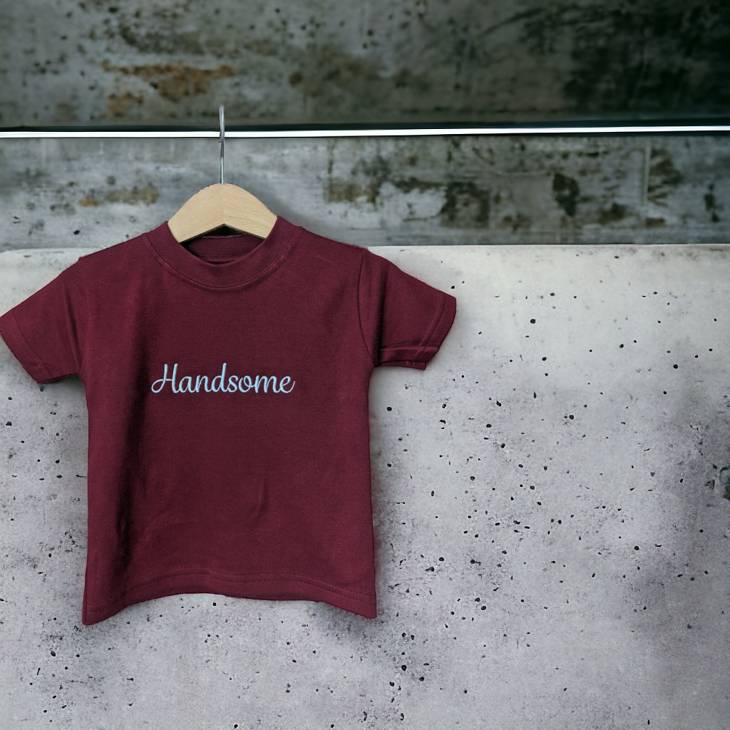 A maroon-colored t-shirt is displayed in the image, featuring the word "handsome" written in white letters. The shirt is hanging on a hanger, attached to a metal rod.