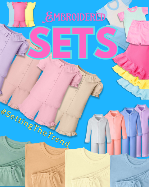 A collage image is presented, featuring a variety of clothing items in shades of pink, blue, yellow, and white. The background is a solid blue color.