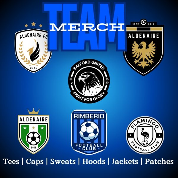 A blue poster is displayed in this image, featuring a variety of logos and text. The background is a solid blue color.