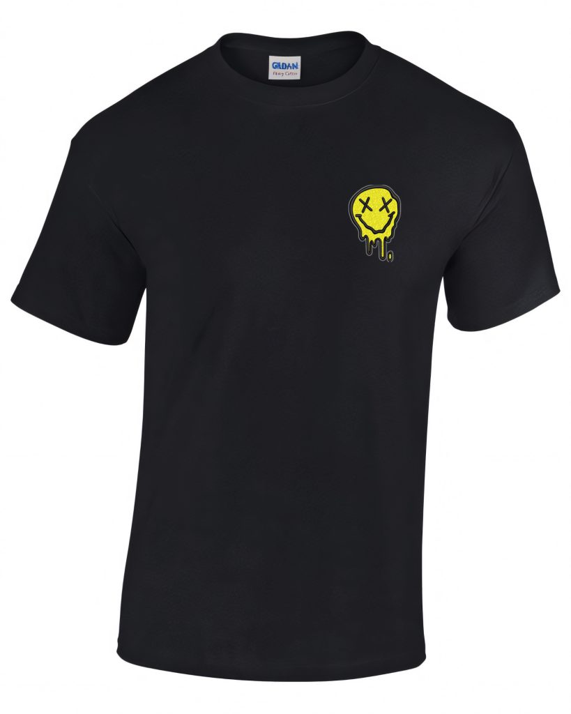 A black t-shirt is displayed in the image, featuring a yellow smiley face and the word "i" written in the center. The background is white.