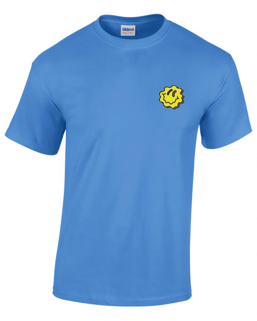 A blue t-shirt is displayed in the image, featuring a smiley face and a logo. The background is white.