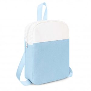 A blue and white backpack is the central focus of this image. The background is white, and the image appears to have been taken in a dimly lit environment.