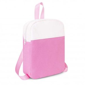 A pink and white backpack is the central focus of this image. The backpack features a pink strap and a white zipper. The background is white.