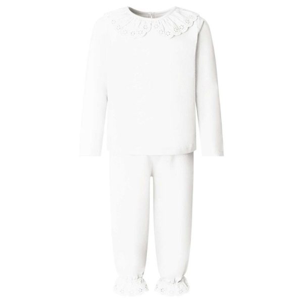A white-colored baby set is depicted in this image, featuring a white top and pants. The top has a design of white flowers, while the pants are white in color.