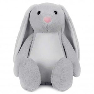 A stuffed toy is depicted in this image, featuring a grey and white color scheme. The toy appears to be a rabbit, with a pink nose and pink eyes. The toy is placed on a white surface.