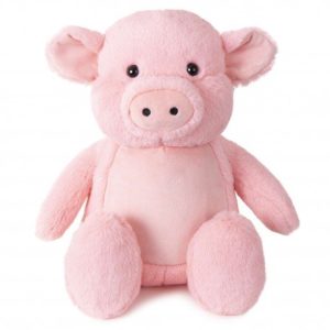 A pink stuffed pig is the central focus of this image, with a white background. The pig is adorned with a pink nose and ear, and it appears to be a toy.