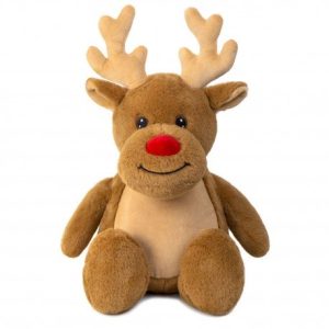A stuffed toy is depicted in this image, featuring a smile and antlers. The toy is brown in color and appears to be made of fur.