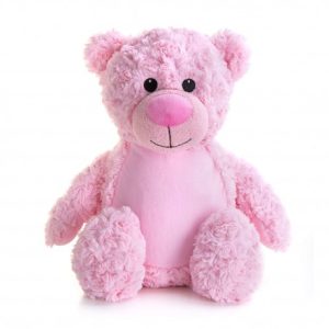 A pink teddy bear is the central focus of this image, with a white background. The bear is adorned with a pink bow, and its face features a pink nose and pink eyes.
