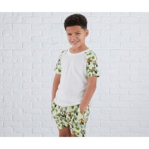 A boy is standing in the image, dressed in a white shirt and green shorts with a design of a bird on it. The background features a brick wall.