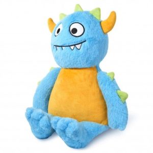 A blue stuffed toy is depicted in this image, with a white background. The toy appears to be smiling, and it has yellow and orange colors.