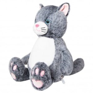 A grey stuffed toy cat is the central focus of this image, with a pink heart visible on its chest. The background is white, and the image appears to have been taken in a dimly lit environment.