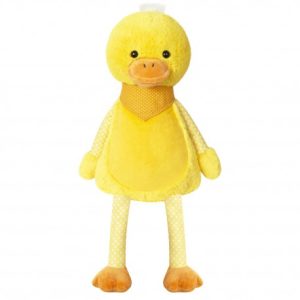 A yellow duck is depicted in this image, standing on the ground and wearing a yellow dress with white dots. The duck has a white face and is accompanied by a white background.