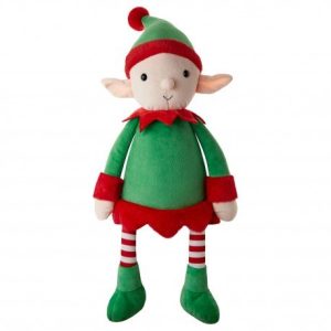 A toy is depicted in this image, dressed in a green and red outfit, resembling an elf. The toy is holding a red cloth in its hand. The background is white.