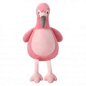 A pink stuffed animal is depicted in this image, with a white background. The animal is adorned with a grey beak and legs. The image features a white background, which contrasts with the pink color of the toy.