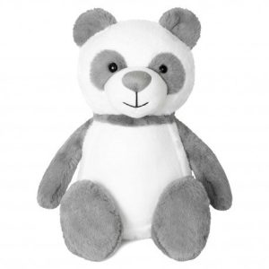 A stuffed panda bear is the central focus of this image, with a white background. The bear is adorned with a grey and white color pattern.