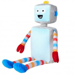 A toy robot is depicted in this image, with a smiley face and a few eyes. The robot is dressed in a colorful outfit, featuring a red and blue striped shirt and blue pants. The background is white.