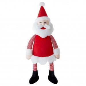 A toy is depicted in this image, dressed in red and white clothing, resembling a Santa Claus outfit. The toy is holding a white cloth in its hands. The background is white.