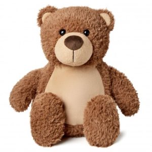 A brown teddy bear is the central focus of this image, with a white background. The bear is seated on a surface, and its face is visible, featuring a pair of black eyes and a brown nose.