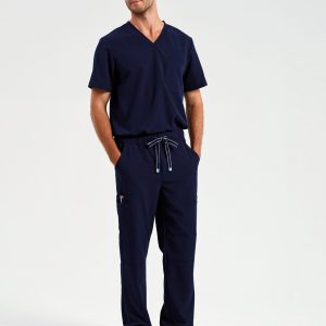 A man is standing in the image, dressed in a blue shirt and grey shoes. The background is white, and the image is taken from a top-down perspective.