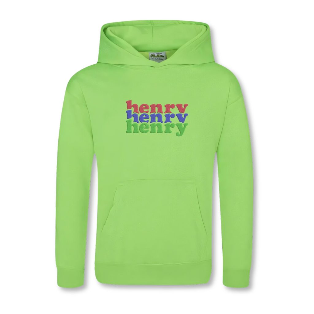 A green hoody with the name "henry" written in red letters is displayed in the image. The hood is green