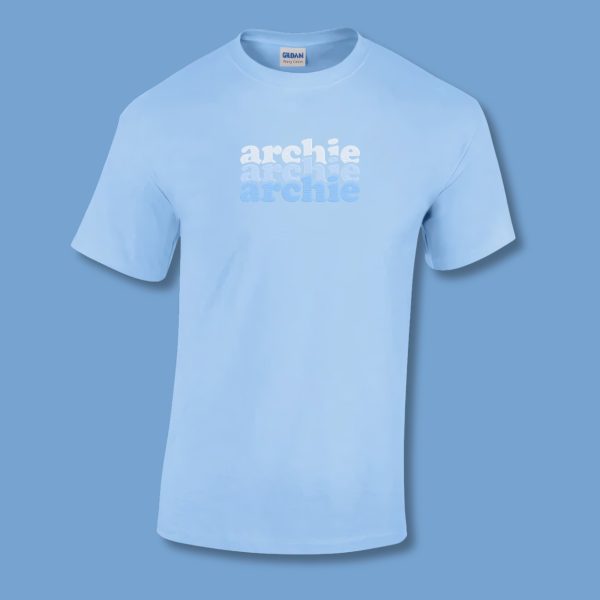 A blue t-shirt is displayed in the image